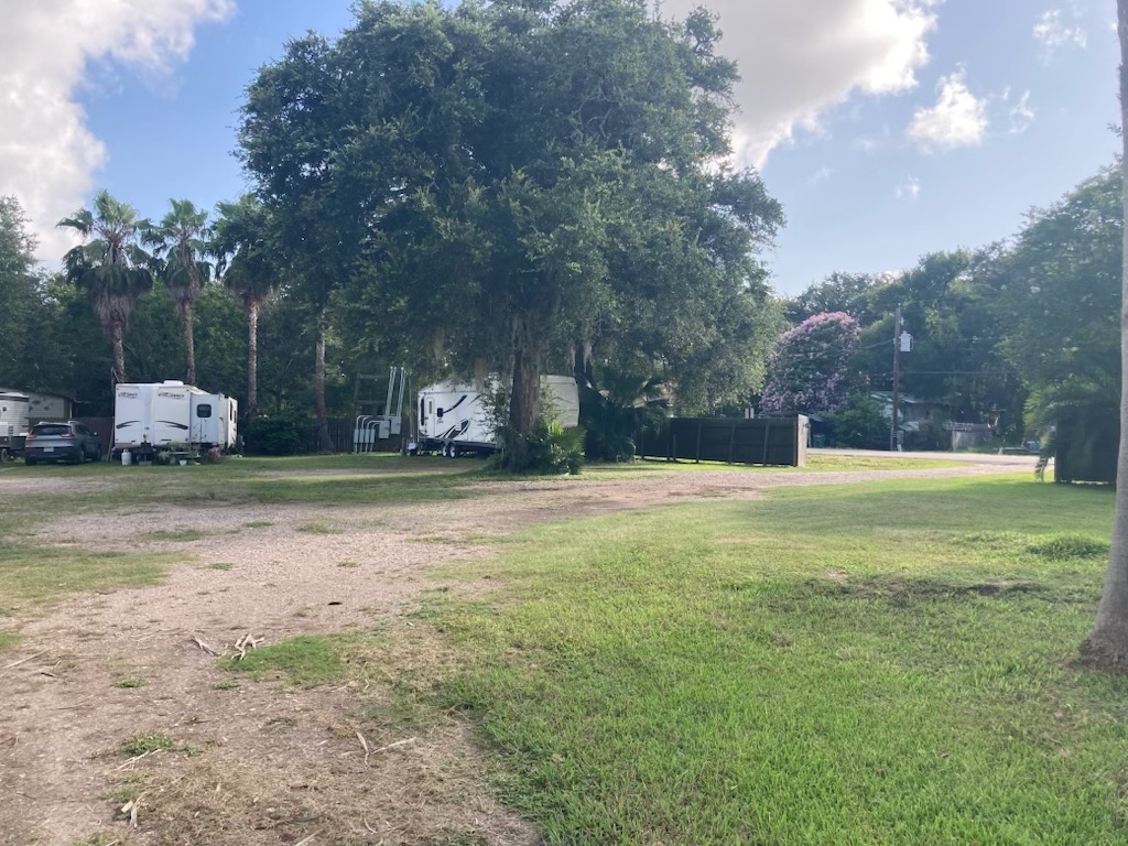 Shaded full-hookup RV sites under palm trees at Windswept RV Park, Oyster Creek, Texas